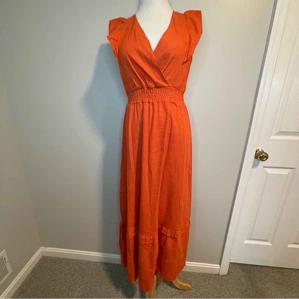 Monteau Los Angeles Orange Linen Blend V Neck Ruffle Maxi Dress Large